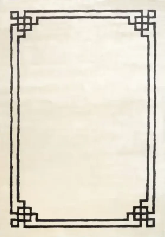 Ковёр Venezia Pearl с нежным фоном и чёрной рамкой.